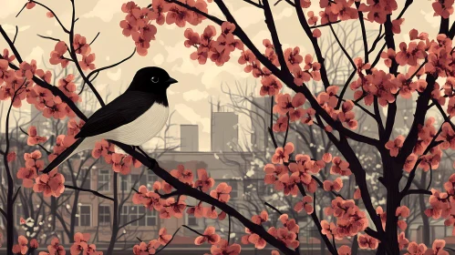 Cherry Blossom Bird Amid Cityscape