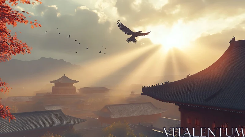 AI ART Golden Sunrise Over Traditional Asian Cityscape