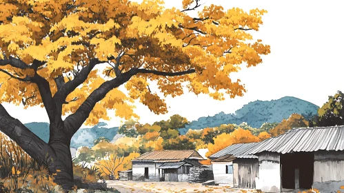 Golden Autumn Tree in Village