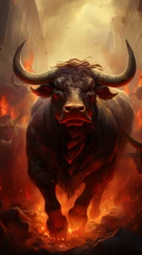 Bull Amidst Crimson Fire: A Richly Detailed Concept Art Illustration