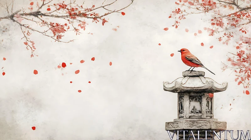 Red Bird and Cherry Blossoms Still Life AI Image