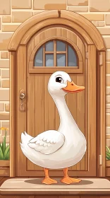 Adorable Duck in Front of Wooden Door