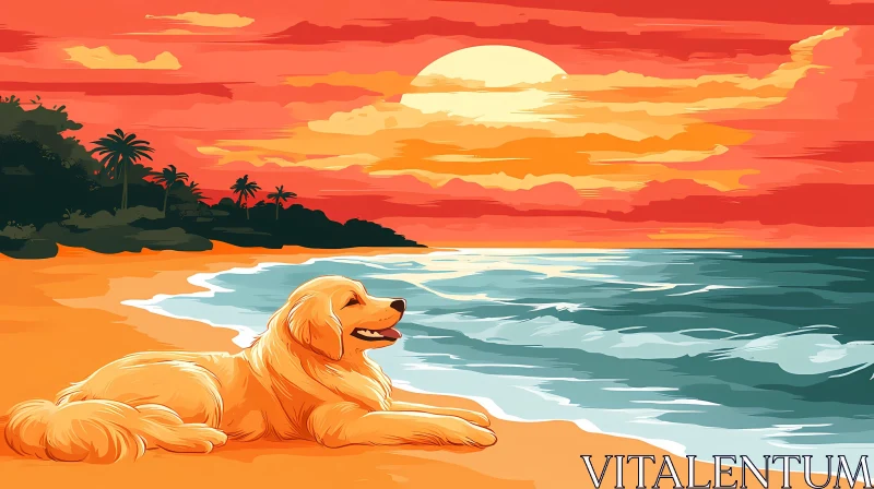 Beach Sunset with Relaxing Golden Retriever AI Image