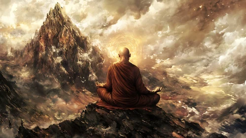 Meditative Monk on Mountain Top