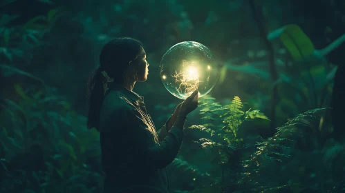 Woman with Glowing Orb in Forest