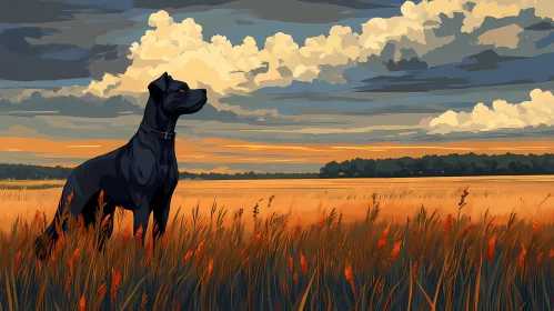 Canine Silhouette Amidst Sunset Meadow