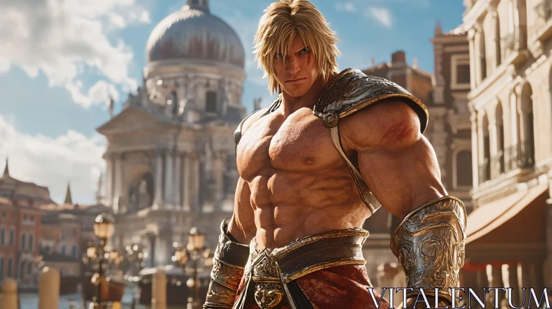 AI ART Muscular Warrior Portrait with City Background