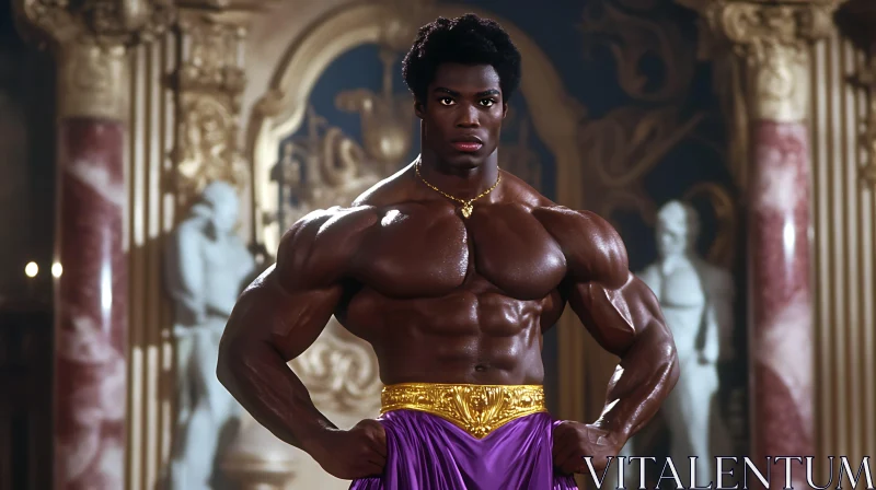 Strong Bodybuilder with Purple Garment AI Image