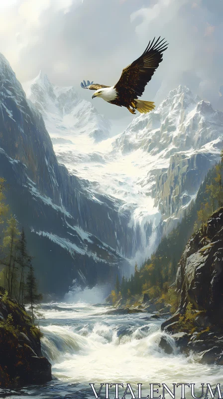 Eagle and Waterfalls in Mountain Scene AI Image