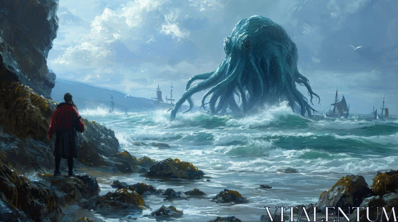 Giant Octopus-Like Creature Rising from the Ocean: A Captivating Digital Painting AI Image