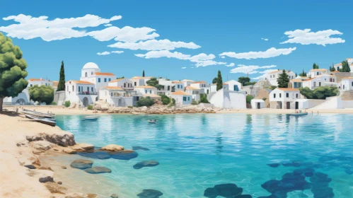 Illustration of Traditional Greek Village by the Sea