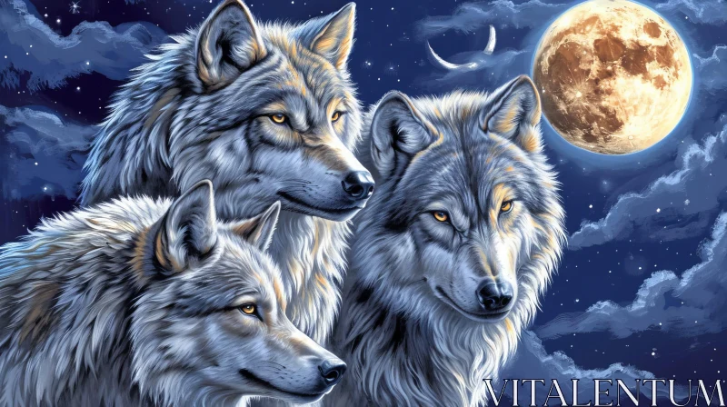 Stunning Painting of Three Wolves in Front of a Full Moon AI Image