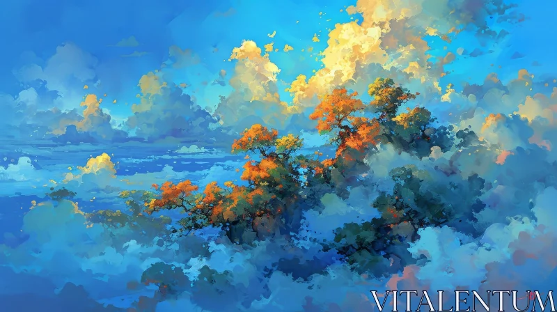 Tranquil Landscape Painting with a Majestic Tree AI Image