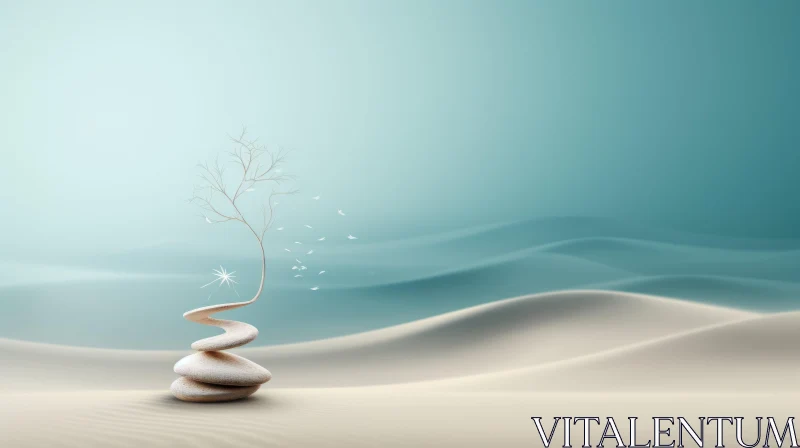 Zen-Influenced Surrealistic Desert Landscape - Stylized Tree and Beach Horizon AI Image