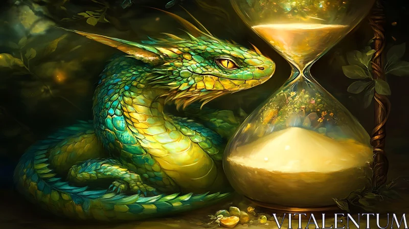 AI ART Enchanted Dragon with Golden Hourglass