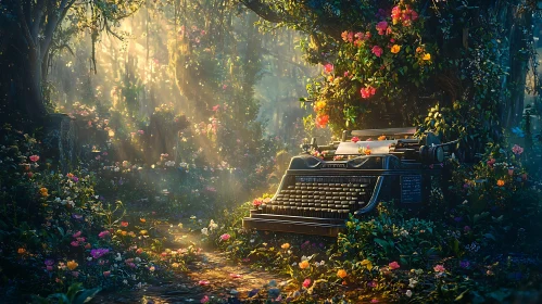 Vintage Typewriter Among Wild Blossoms