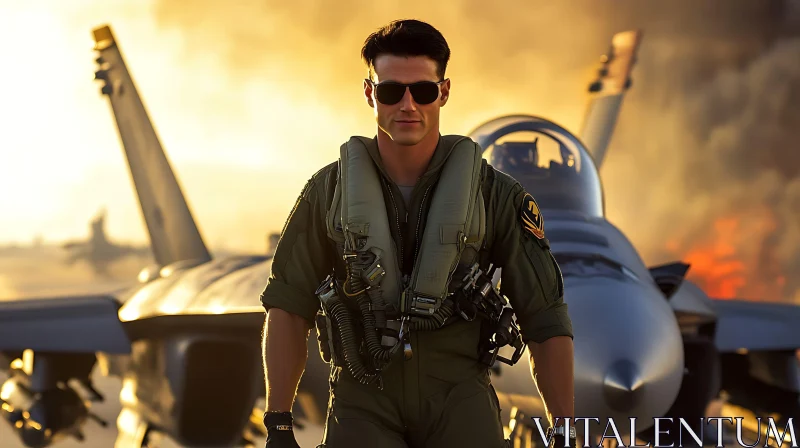 AI ART Man in Pilot Uniform with Fighter Jet