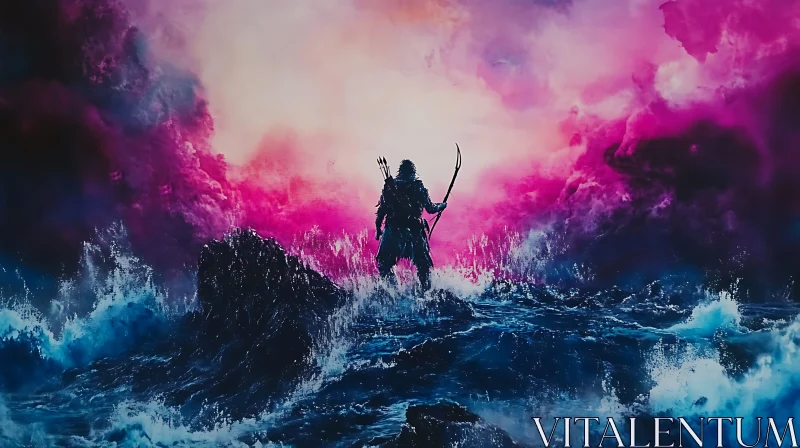 Lone Archer Amidst Ocean Tempest AI Image