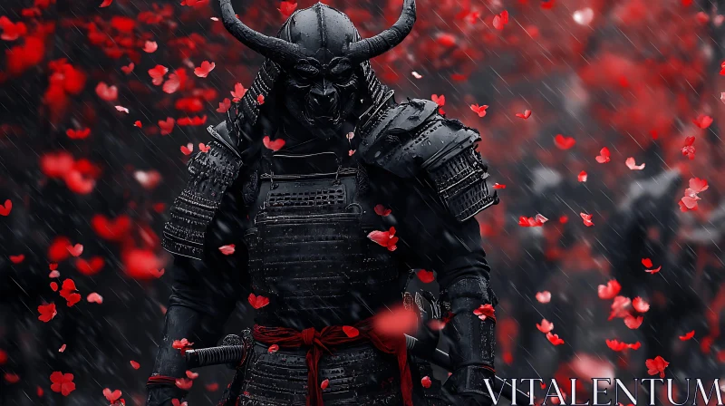 Armored Warrior with Red Blossoms AI Image