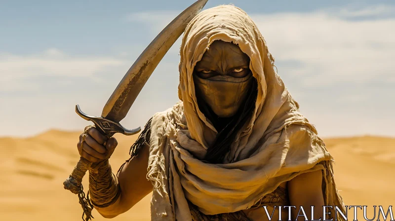 Cloaked Figure in Desert Holding Sword AI Image