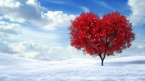 Red Heart Tree in Snowy Field