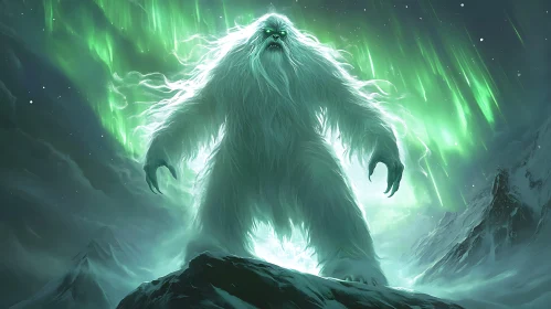 Snowy Yeti in Aurora Borealis Landscape