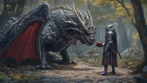 Armored Knight Offering a Gift to Dragon