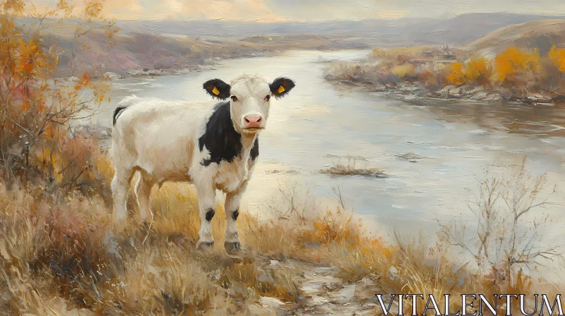 Pastoral Oil Painting with Cow and River AI Image