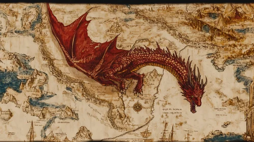 Mythical Red Dragon on Old World Map