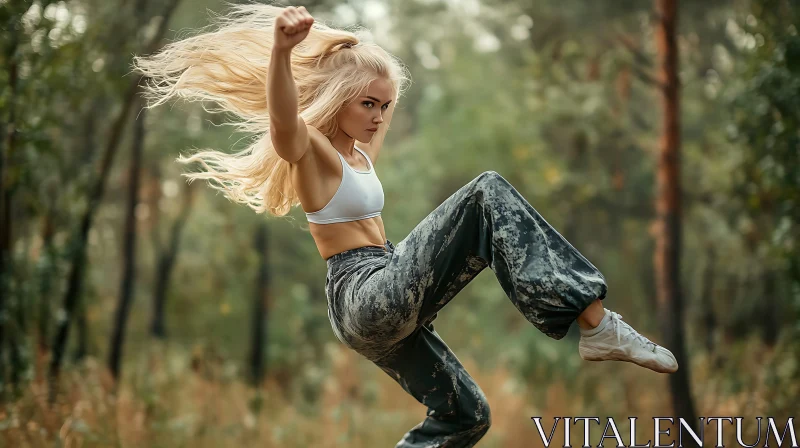 Blonde Woman Martial Arts in Forest AI Image