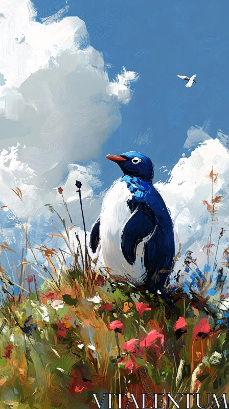 AI ART Penguin in a Flower Meadow Art