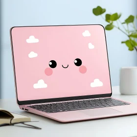 Kawaii Laptop with Smiling Face and Cloud Design