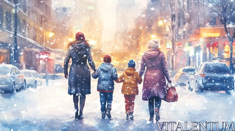 Snowy City Stroll Watercolor Art AI Image