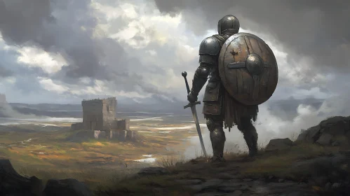 Medieval Knight Overlooking Castle Ruins