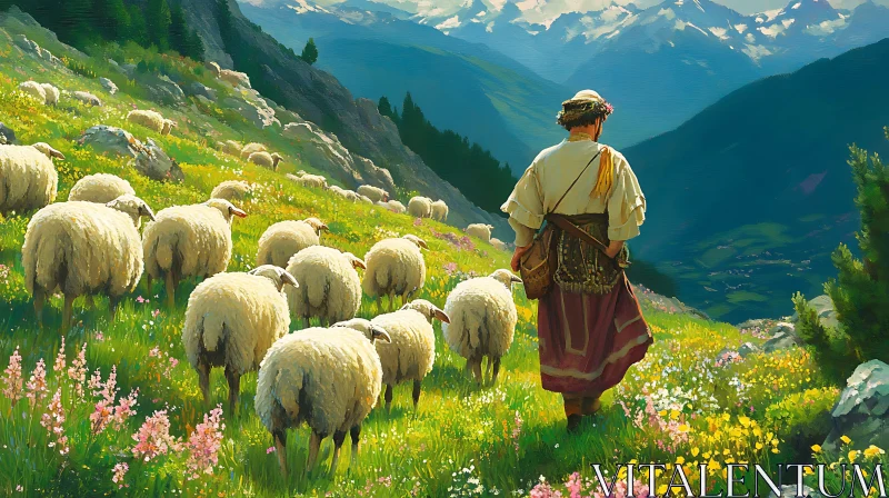 AI ART Mountain Shepherd Guiding Sheep