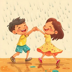 Cartoon Kids Enjoying Rainy Day