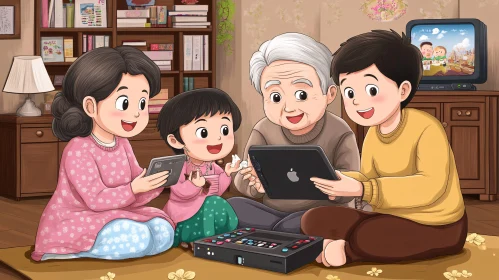 Cartoon Family with Tablets