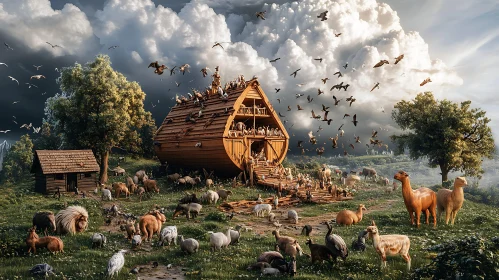 Animals Congregating Around an Ark in a Lush Landscape
