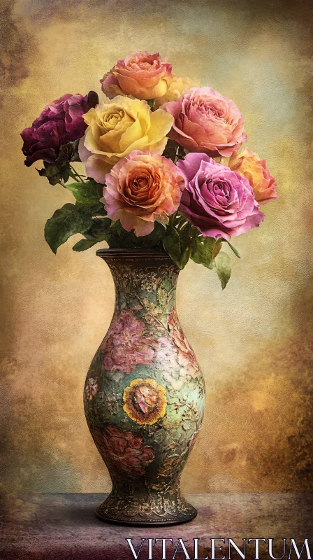 AI ART Vintage Vase with Multicolored Roses