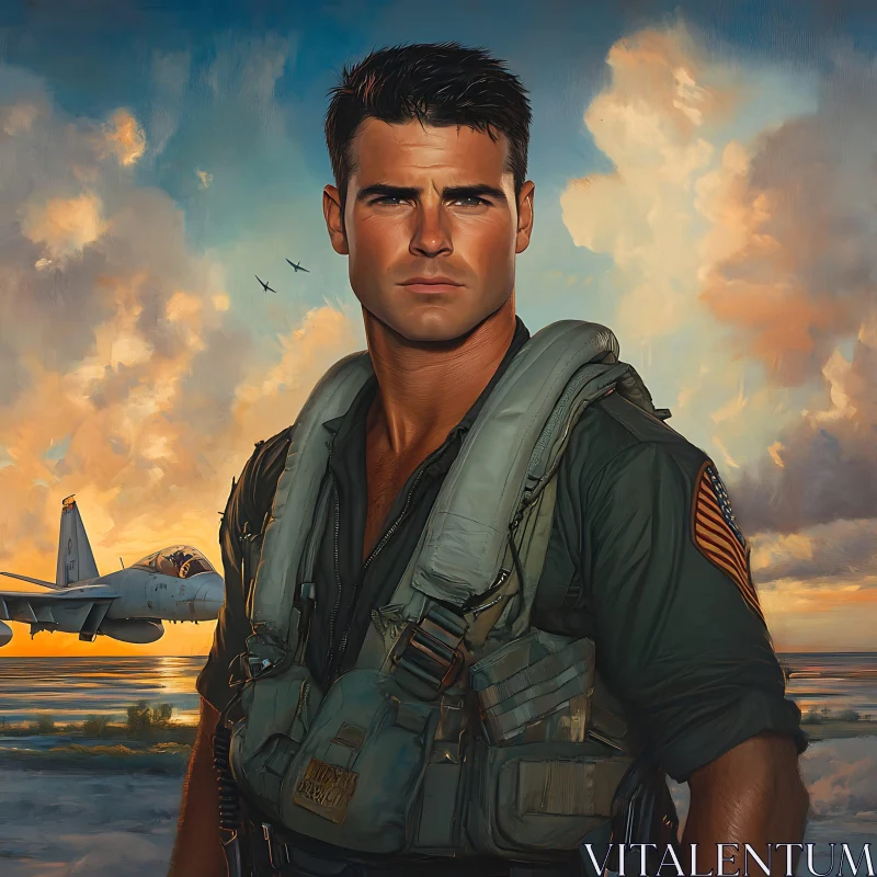 AI ART Man in Uniform with Plane at Sunset