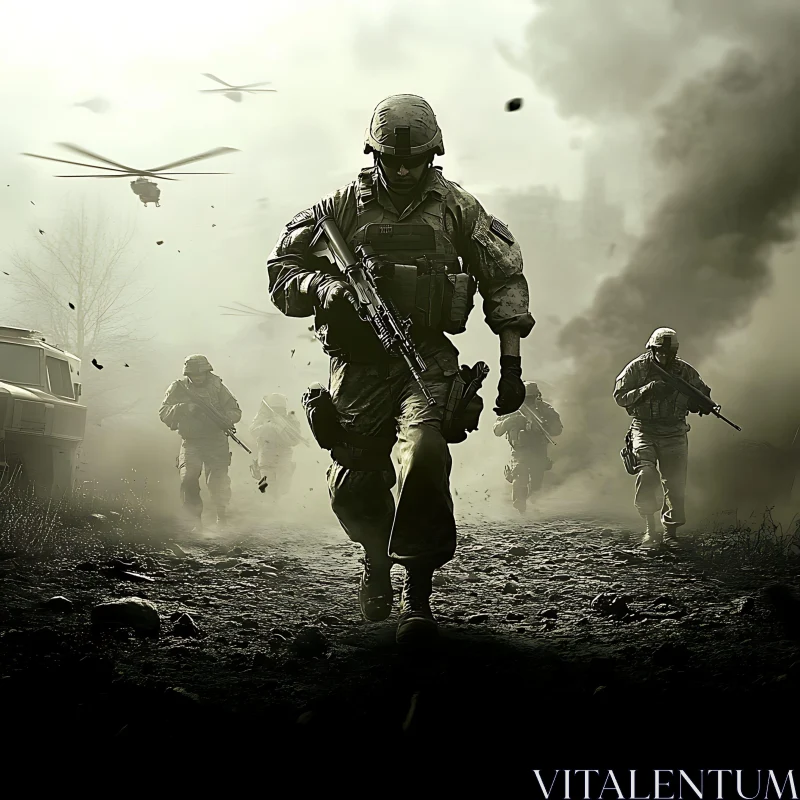 Military Soldiers in Smoky Battlefield AI Image