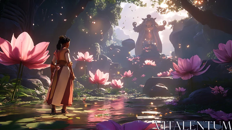 Serene Lotus Garden and Woman AI Image