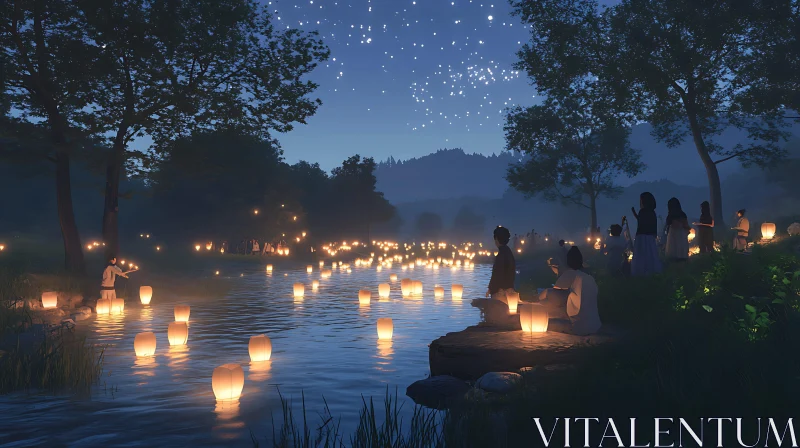 Night River Lanterns AI Image