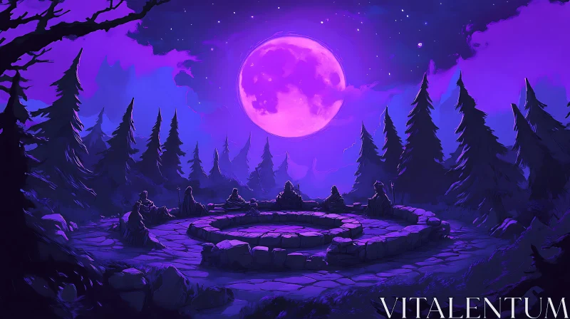 Mystical Night: Stone Circle Under Purple Moon AI Image