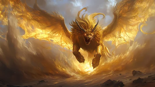 Winged Lion-Dragon in Fiery Descent