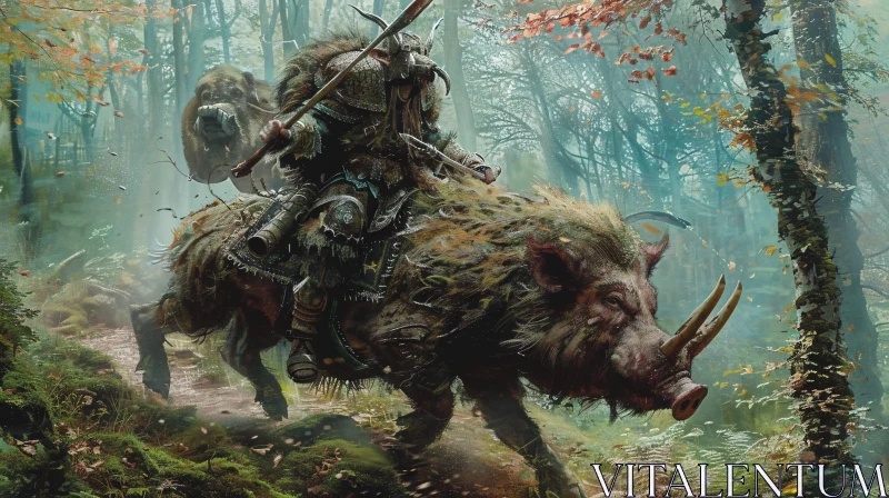 AI ART Forest Warrior Riding a Boar