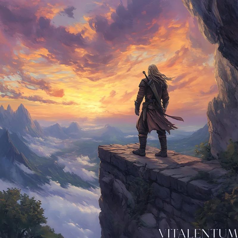 AI ART Cliffside Warrior Sunset View