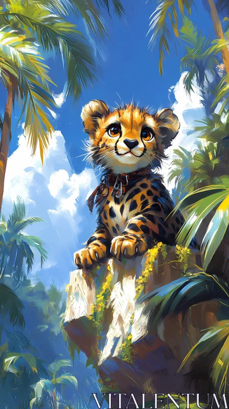 Jungle Cub on a Sunlit Rock AI Image