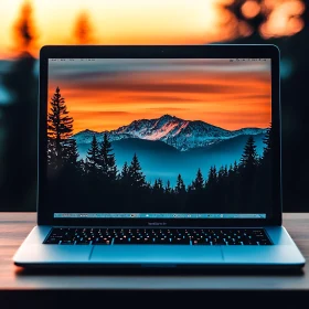 Tech with Nature: Laptop and Sunset Mountain View
