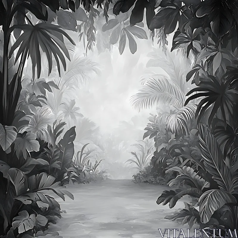 Misty Pathway Through Lush Monochrome Forest AI Image